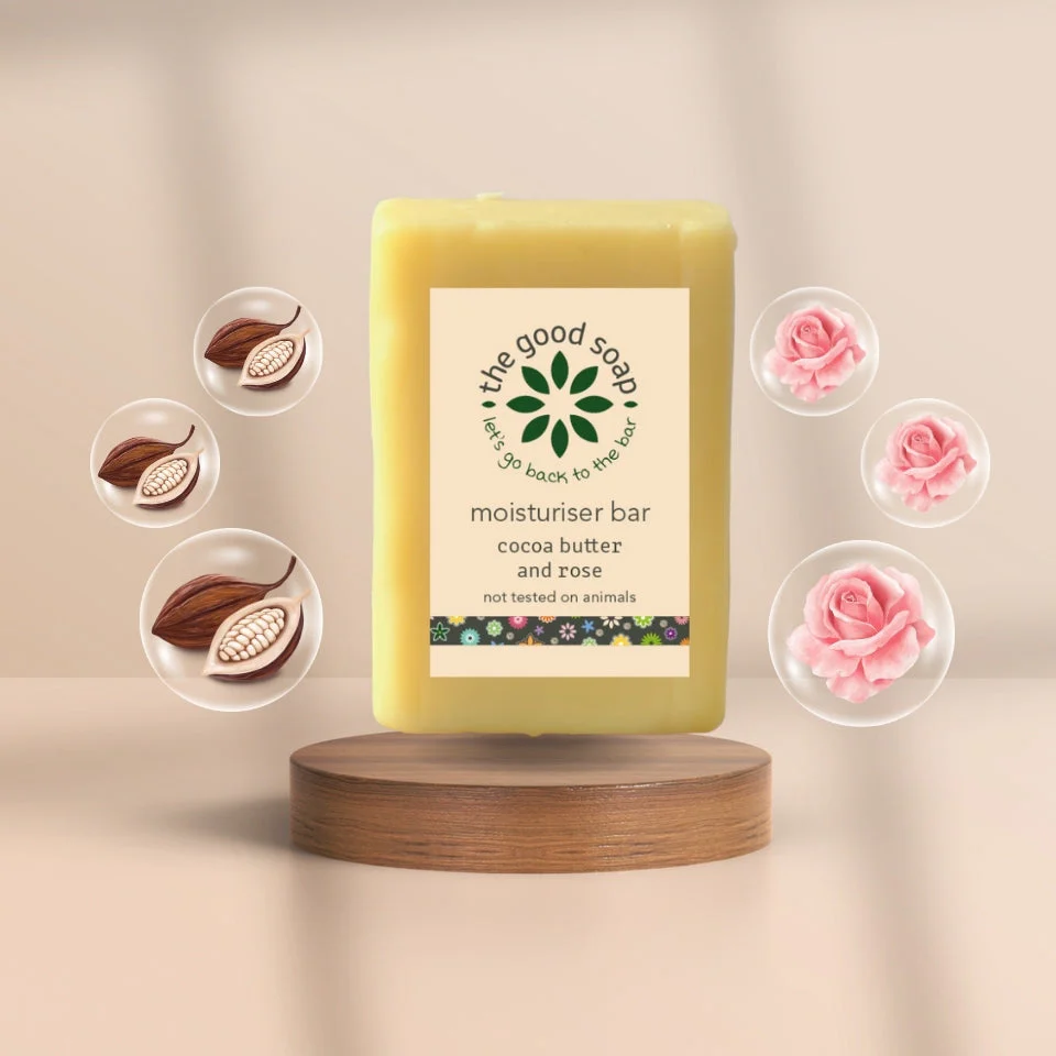 The Good Soap - Cocoa Butter & Rose Lotion Bar – Softening Solid Moisturiser for Dry Skin