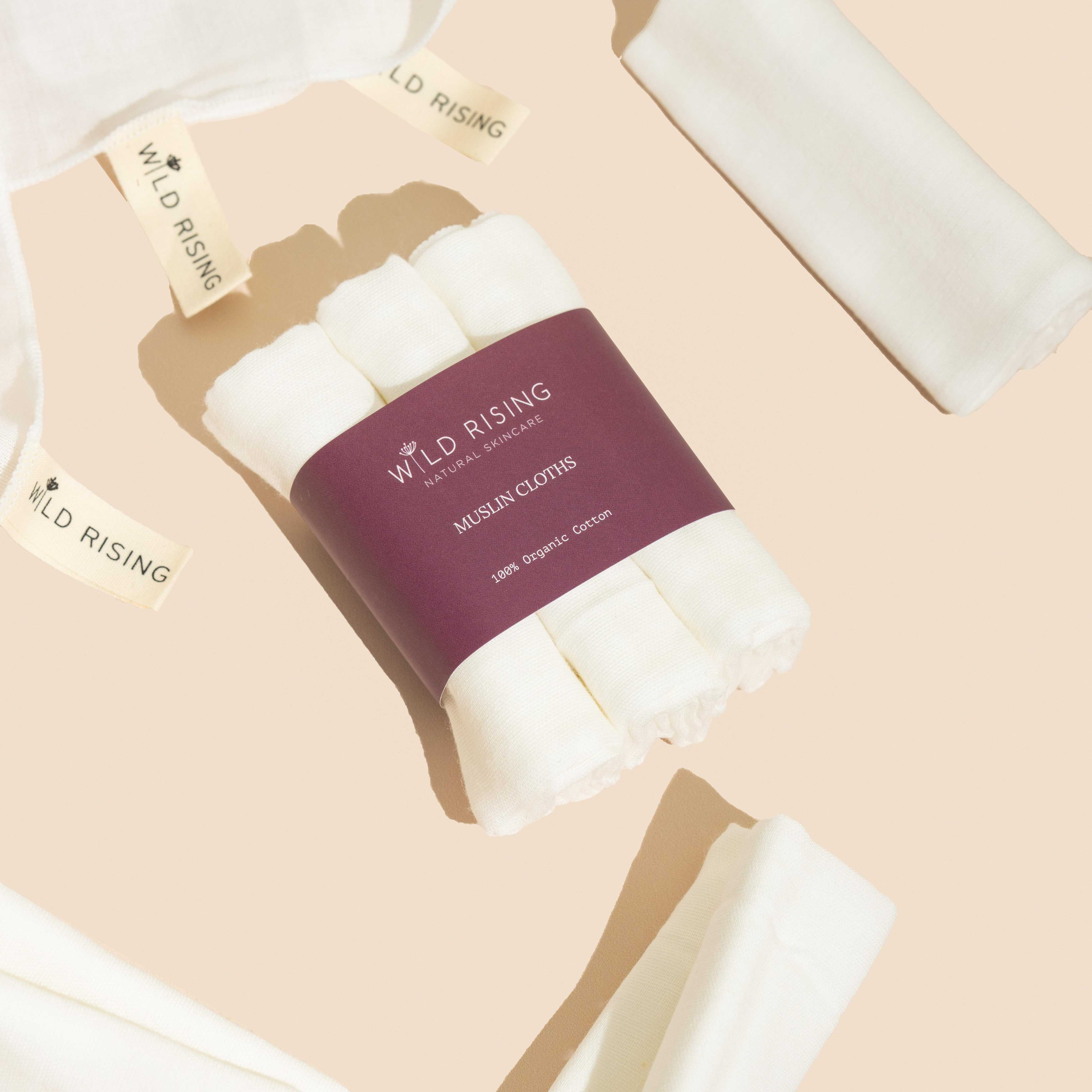 Wild Rising Skincare - 3 Organic Cotton Muslin Cleansing Cloths - Image 2
